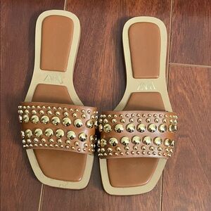 Zara Tan Sandals with Gold Studs